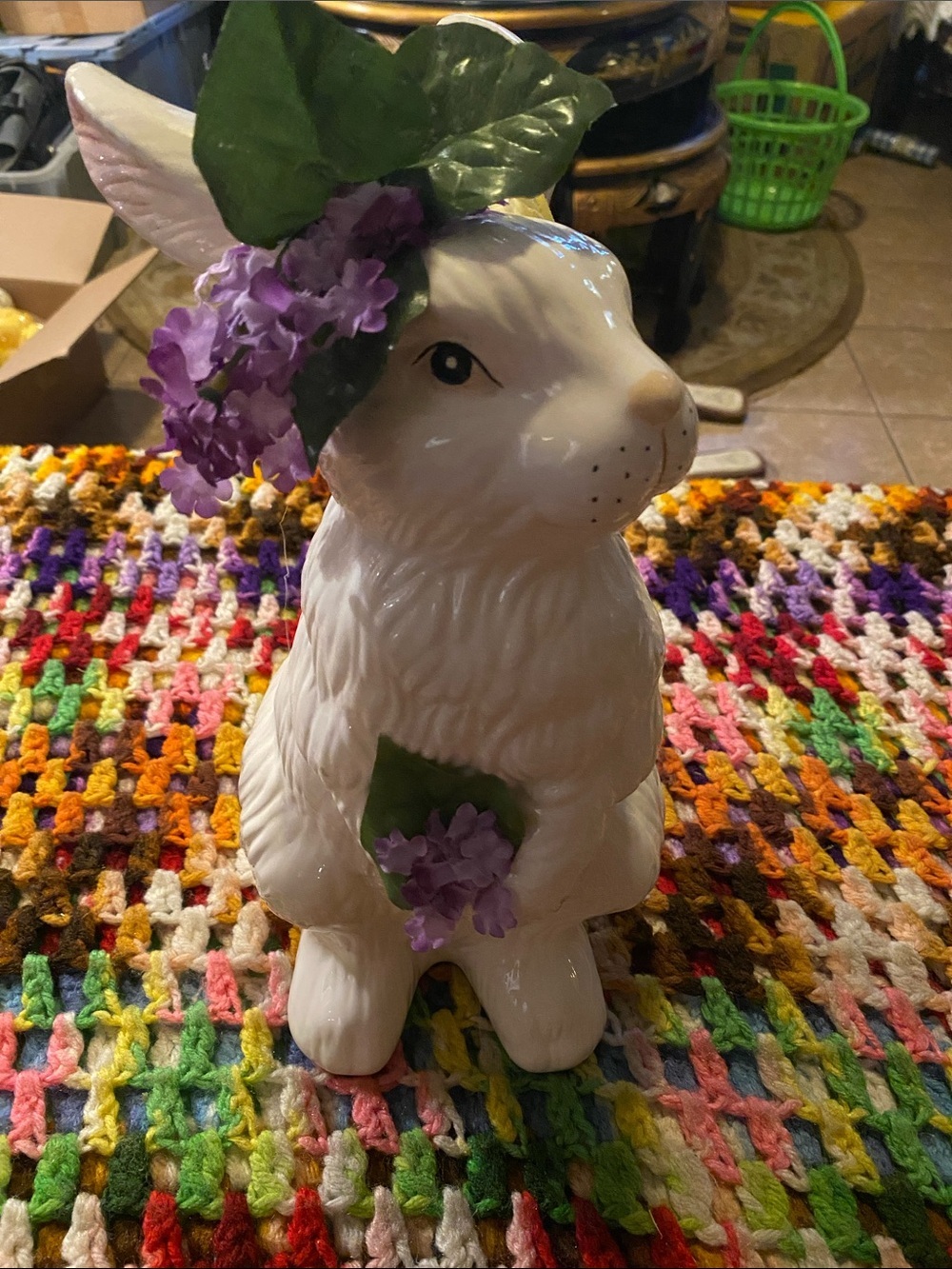 Vintage White Ceramic Bunny Figurine with Purple Floral Accent -